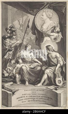 lors de la montée, c'est la personnification de la musique, un livre de chansons sur ses genoux. Apollo lui mains une branche d'olive. Derrière elle se tient Minerva pointant vers le portrait d'Anna Stuart, reine d'Angleterre. En arrière-plan, un soldat lié au navire. Une sirène sauvera ses bras derrière lui op. Fabricant : printmaker: Matthijs Pool (propriété listée) conçu par Arnold Houbraken (bâtiment listé) éditeur: François Halma (propriété listée) fournisseur de privilège inconnu (objet listé ) Lieu de fabrication: Amsterdam Date: 1710 Caractéristiques physiques: Engrala technique papier: engrala (processus d'impression) / etch di Banque D'Images
