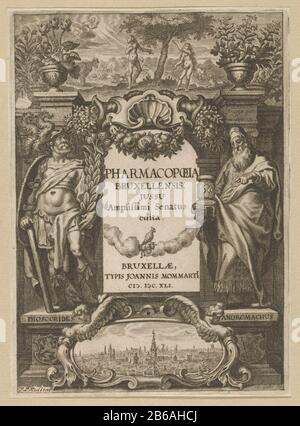 Page de titre allégorique avec l'automne et deux anciens médecins grecs Page de titre pour Pharmacopée Bruxellensis, Bruxelles, 1641 Page de titre pour un livre pharmaceutique. Ci-dessus: Adam et Eve dans le paradis. Au centre le titre du livre sur une table en pierre. Flanqué de deux statues de médecins grecs : Pedanios Dioscurides et Andromachus. Sous une cartouche avec un paysage urbain à Bruxelles. Fabricant : printmaker Cornelis Galle (I) (bâtiment classé), conçu par Peter Paul Rubens (possible) imprimante Joannes Mommartius (II) (bâtiment classé) Fabrication De Lieux: Printmaker: Sud Pays-Bas imprimante: Bruss Banque D'Images