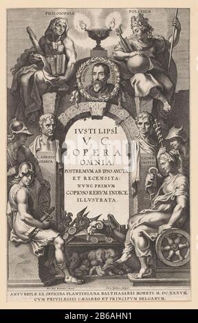 Page de titre allégorique avec arche en pierre avec un portrait médaillon de Jutus Lipsius Page de titre pour J Lipsius, Opera omnia, Anvers 1637 un portrait médaillon de l'écrivain Jutus Lipsius placé sur une arche en pierre. Des deux côtés, on dépeint la personnification de la philosophie et la politique des principaux sujets de son travail. Outre l'arc deux bustes de portrait d'anciens auteurs ont Édité ce Lipsius: Seneca et Tacitus. À côté de Minerva et Mercure, et la personnification assise de Deugd (à gauche) et attention (à droite). Preuve d'une page de titre pour Lipsius's collecté werken. Fabricant : printmaker Corneli Banque D'Images