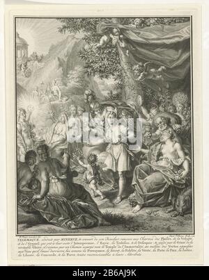 Allegorische performance avec Telemachus et Minerva Avonturen de Telemachus (titre de la série) Telemachus accompagné de Minerva le pointant vers les nombreuses figures allégoriques qui les entourent. Dans la marge est un texte vijfregelige en français dans lequel la performance est expliquée plus en détail. Illustration réalisée avec une histoire d'aventures de Telemachus, écrite par François de Fénélon. Fabricant : printmaker Jacob Folkema (propriété cotée) au dessin: Bernard Picart (bâtiment classé), conçu par Bernard Picart (bâtiment classé) Dating : 1733 Caractéristiques physiques: Matière de gravure: PAP Banque D'Images