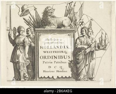 Allegorische voorstelling sur le Staten van Holland en West-Friesland remarquable et influent Néerlandais West-Friisiae Q Classe les Pères de pays (op title object) à un monument aux Etats de Hollande et de Frise occidentale, qui est attribué par le Lion néerlandais sont différentes personnalités. Relie la justice aux balances et aux poids lourds : d et attention avec le miroir et le flexible. Bonne foi avec croix avec bannière, Bible et agneau. À côté d'elle est l'espoir avec un navire sur la tête et un navire dans la main. Fabricant : printmaker: Éditeur anonyme: Hendrick Hondius (I) (bâtiment classé) Lieu de fabrication: Pays-Bas Da Banque D'Images