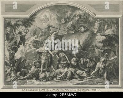 Prenant Besançon; Franche-Comté recapturé pour la deuxième fois par les Français, 1674. Dans le centre se trouve le commandant de l'armée Henri de la Tour d'Auvergne (Turenne), qui prend les clés de la ville aux villes conquises Vierge de Besancon, la capitale de la région espagnole de Franche-Comté, reconquis par les Français en 1674. Fabricant : printmaker: Louise Magdeleine Hort Heavenly (propriété cotée) à la peinture: M. le Brun (bâtiment classé) éditeur: Louise Magdeleine Hort Heavenly (propriété cotée) Lieu de fabrication: Paris Date: 1696 - 1767 Caractéristiques physiques: Gravure et engrama matériel: Paper Tech Banque D'Images