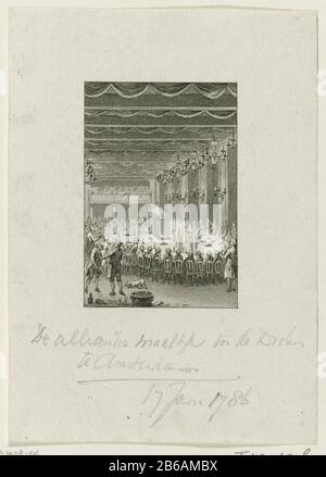 Repas de l'Alliance à Amsterdam, 1786 le repas de célébration organisé le 27 janvier 1786 dans le Garnalendoelen (Cibles De Tir À L'Arc) à Amsterdam pour célébrer l'alliance avec la France (conclu le 10 novembre 1785). Grande fête assise à une table décorée de tafelstukken. Fabricant : printmaker: Reinier Vinkeles (i) printmaker Cornelis Bogert to drawing: Jacobus Buys Post production: Northern Netherlands Date: 1786 - 1795 Caractéristiques physiques: Gravure et engrama, épreuvage avant la lettre matériel: Papier technique: Gravure / engrama (impression) mesures: Feuille: H 157 mm × W 112 mmTohtingebelieb Banque D'Images