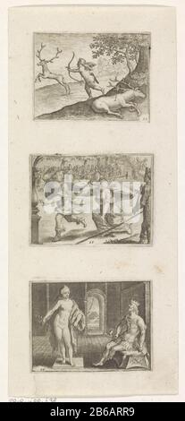 Amor tire un cerf Atalanta et Hippomenes Pygmalion Mythologique et allégorique (titre de la série) trois représentations d'histoires des métamorphoses sur une feuille. Ci-dessus : pousses d'Amor à un cerf. Peut-Être Actaeon. Moyen: Atalanta et Hippo Menus font une course. Atalanta reprend les pommes dorées que les Menus Hippo chute Où: En les faisant perdre le match. Ci-dessous: Pygmalion, roi de Chypre, tombe amoureux de la statue de Vénus qu'il a faite. L'image vient à leven. Fabricant : printmaker: Monogrammiste MP Dating 1680 - 1800 Caractéristiques physiques: Engraa; feuille non coupée: Technique du papier: Engraa (p Banque D'Images