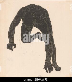 Étude anatomique des muscles du cou, du bras et de la jambe d'un homme en silhouette L'homme est assis pendu penchant sur sa main droite et le genou droit. Les muscles sont numérotés de 1 à 31. Fabricant : fabricant d'impression: Reijer Stolk Lieu de fabrication: Pays-Bas Date: 1906 - 1945 matériau: Papier japonais technique: Dimensions du bloc de bois: Feuille: 288 mm × H 270 b mmToelichtPrent utilisé pour: Stolk, Reyer. Études anatomiques dans les coupes de bois. Amsterdam: G. W. Breughel, 1946, plaque 5. Sujet: Modèle anatomique des muscles, muscle-homme, 'Ã © Corcha ' Banque D'Images