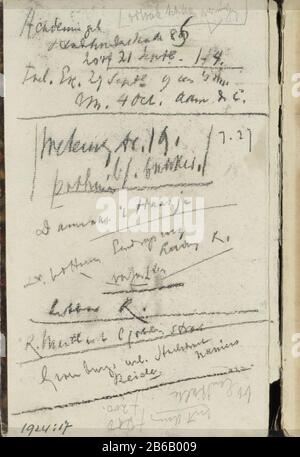 Annotations Annotations Type de propriété: Croquis feuille bract Numéro d'article: RP-T-1924-17-1 Inscriptions / marques: Annotation, manuscrit: '[...] / Academy geb./ Stadhouderskade 86 / Damrak. 'T Haasje / [...]' Description: Page 1, à l'intérieur de la couverture, à partir d'un croquis avec 19 bladen. Fabricant : écrivain: George Hendrik Breitner lieu de fabrication: La Haye Date: 1884 - 1886 Caractéristiques physiques: Craie noire et crayon: Papier craie crayon Banque D'Images