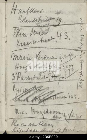 Annotations Annotations Type d'objet: Sketch-leaf Numéro d'objet: RP-T-1924-23-6 Inscriptions / marques: Annotation, écrit à la main, 'Haafkens / Elandstraat 19 / Wim [...] / Crows Street 43 / Marie Verkerk / Quay Altitude 6 / [...] / 3ème Parkstraat / Rien Yee / [...] / Rica Raan / Lijnbaesstraat [...] [...] [...] [...] Page 6 d'un croquis avec 27 bladen. Fabricant : écrivain: George Hendrik Breitner Lieu de fabrication: Amsterdam Date: 1887 - 1889 Caractéristiques physiques: Craie noire: Craie de papier Banque D'Images