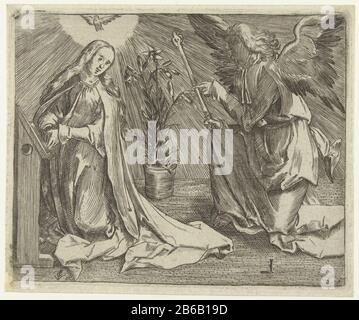 Annunciatie Archange Gabriel s'agenouillant à Marie. Au-Dessus, Le Saint-Esprit. Copier spiegelbeeld. Fabricant : printmaker: Anonyme pour imprimer par Lucas van Leyden (bâtiment classé) éditeur Claes Jansz. Visscher (II) Daté: 1504 - 1583 Caractéristiques physiques: Matériau de la voiture: Papier technique: Engraa (procédé d'impression) Dimensions: Bord de la plaque: H 93 mm × W 112 mmToelichtingKopie dans spiegelbeeld. Objet: L'Annonciation: Marie pétrir Banque D'Images