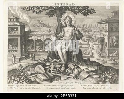 Apollo comme modèle des arts Litterae (titre objet) activités principales d'un prince (titre de la série) schéma, seu spéculum Principum (titre de la série) Apollo avec son lyre comme patron des arts Il est entouré d'instruments scientifiques utilisés pour la pratique des sept arts libéraux, Peinture et sculpture (Où : sous un treuil, un livre de musique, un globe, un angle de mesure, un compas, un pinceau et un buste). A quitté une académie scientifique des chercheurs. Jardin droit et pratique de la peinture et de la sculpture. En arrière-plan Mount Parnassus et les neuf muses. L'impression comporte une légende latine explicite Banque D'Images