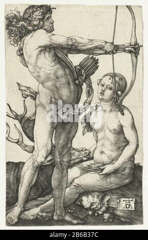 Apollo en Diana Apollo courbé son arc. Diana est assise à côté de lui avec un bert. Fabricant : printmaker Albrecht Dürer (propriété cotée) Lieu de fabrication: Nuremberg Date: 1501 - 1506 Caractéristiques physiques: Matériel automobile: Papier technique: Engrala (impression) Dimensions: Feuille: H 115 mm × W 72 mm Objet: (Histoire de) Apollo (Phoebus) Diana (Artemis) Banque D'Images