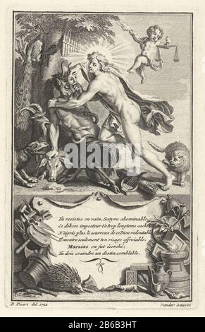 Apollo démasque Marsyan God Apollo expose le satyr Marsyan. Autour d'eux toutes sortes d'animaux: Un paon, un chien, une chèvre, un porc et un chat. Dans l'air un puto avec une échelle et un thunderbolt. La photo est cachonnée texte français dans une cartouche. Fabricant : printmaker: Gilliam van der Gouwen (propriété cotée) au dessin: Bernard Picart (bâtiment classé) auteur: Fabrication anonyme: Amsterdam Date: 1712 Caractéristiques physiques: Matériau automobile: Technique du papier : engraa (procédé d'impression) mesures: Bord de la plaque: B 95 mm × h 150 mm Objet: (Histoire de) Marsyas (histoire de) Apollon (Phoebus) maskcupids Banque D'Images