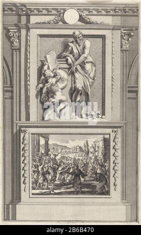 L'Apôtre Barnabas l'Apôtre Barnabas pointant un ange s'est appuyé sur lui un livre. Barnabas se trouve sur un socle. Sur le devant la scène Où: Dans les Apôtres Paul et Barnabas par le peuple de Lystra comme dieux vereerd. Fabricant : printmaker Jan Luyken Print auteur: Zacharias Chatelain (II) au dessin: Jan Goeree Lieu de fabrication: Amsterdam Date: 1698 Caractéristiques physiques: Gravure et engraflement; matériaux d'épreuvage: Technique du papier: Gravure / engrafrup (procédé d'impression) Dimensions: Bord de la plaque: H 274 mm (taillé) b × 171 mTohtelicingProefrak illustration: William Cave. Antiquités Apostolique, ou vie (. Banque D'Images