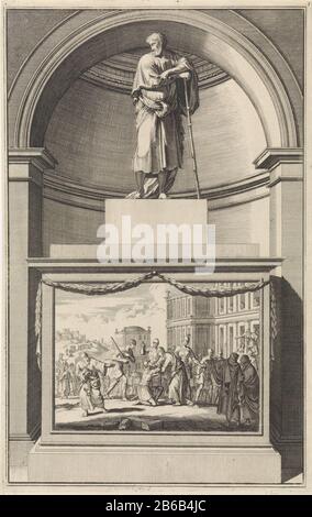 Apôtre James Le Plus Grand L'Apôtre James Le Plus Grand, penchant sur un bâton de marche en main et un rouleau de papier. James se tient sur un piédestal Où: À l'avant de son image de beheading est gebracht. Fabricant : printmaker Jan Luyken Print auteur: Zacharias Chatelain (II) au dessin: Jan Goeree lieu de fabrication: Amsterdam Date: 1698 Caractéristiques physiques: Gravure et engraissement; matériau d'épreuvage: Technique du papier: Gravure / engraissement (processus d'impression) Dimensions: Feuille: H 282 mm × W 177 mmToelichtProefdruk illustration de: William Cave, William. Antiquités Apostolique, ou vie (...) de l'heylige apôtres trois pa Banque D'Images