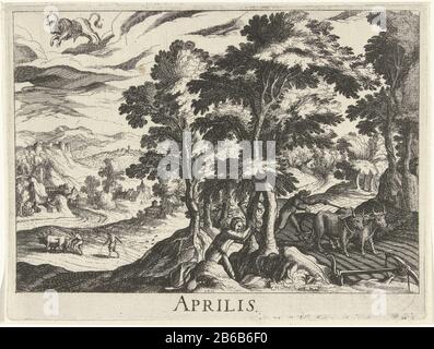 Avril le mois d'avril est représenté par un paysage vallonné avec des chiffres mongering. En arrière-plan est le ciel la constellation Taurus weergeguy. Fabricant : printmaker Simon Frisiusnaar design: Antonio Tempesta Editeur: Hendrick Hondius (I) Lieu de fabrication: Printmaker: Northern Netherlands to design: Italie Editeur: La Haye Date: 1611 Caractéristiques physiques: Gravure: Technique du papier: Dimensions de gravure: Arête: H 140 mm × W 183 mm Objet: Paysage symbolisant avril (+ personnifications ou avec des signes des planètes) Banque D'Images