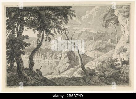 Paysage Arcadien avec deux bergers paysages Arcadiens (titre de la série) un paysage Arcadien avec un lac. Sur une colline le long de la ville du lac. Au premier plan, deux bergers sous un arbre. L'imprimé fait partie d'une série d'Arcadian landschappen. Fabricant : printmaker John Glauber (bâtiment classé), conçu par Johannes Glauber (propriété cotée) Lieu de fabrication: Inconnu Date: 1656 - 1726 Caractéristiques physiques: Matière de gravure: Technique du papier: Gravure Dimensions : bord de la plaque b 364 mm × h 240 mm Objet: Pasteurs, lac de scènes Arcadiennes (+ paysage avec figures, staffage) scènes de ville et paysagiste Banque D'Images