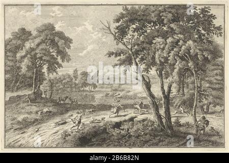 Paysage fluvial Arcadien avec des cerfs de chasse paysages italiens et allemands (titre de la série) paysage fluvial Arcadien avec chasseurs et chiens chassant la chasse au cerf. En arrière-plan se trouvent deux vaches sur la banque. L'impression fait partie d'une série de 40 exemplaires avec des représentations de landschappen italien et allemand. Fabricant : printmaker Adolf van der Laan à concevoir: Johannes Glauber Editeur: Leonard Schenk Lieu de fabrication: Amsterdam Date: 1721 et / ou 1710 - 1747 Caractéristiques physiques: Matière de gravure : papier technique: Dimensions de gravure: Bord de la plaque: H 240 mm × W 367 mm Objet: Paysages avec eau Banque D'Images