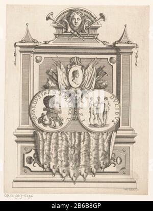 Objet architectural avec le portrait d'Odoardo Farnese, duc de Parme, et Piacenza objet architectural, semblable à un tombeau. Au milieu de deux médaillons: À gauche du portrait Odoardo Farnese et à droite, les trois grâces. Au-dessus des médaillons les attributs de la bataille Où: Sous des bannières, des trompettes et des schilden. Fabricant : printmaker Giuseppe Pini (bâtiment classé) dans son dessin: Giuseppe Pini (propriété cotée) Lieu de fabrication: Italie Date: 1706 - 1796 Caractéristiques physiques: Gravure et gravure: Technique du papier: Engraa (processus d'impression) / dimension de gravure: Feuille: H 186 mm ( Banque D'Images