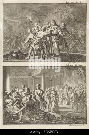 L'arrestation de Christ et Pierre nie Christ Deux spectacles sur une plaque. Ci-dessus : Christ est capturé par des soldats. En arrière-plan sont des étudiants qui essaient de le défendre. Ci-dessous: Pierre se réchauffe avec d'autres personnes pour veurton et nie son amitié avec le Christ. En arrière-plan est Christ weggevoerd. Fabricant : printmaker Jan Luyken (propriété listée) conçu par Jan Luyken (bâtiment listé) éditeur: Willem BroedeletPlaats fabrication: Amsterdam Date: 1700 Caractéristiques physiques: Matière de gravure: Technique du papier: Gravure Dimensions: Bord de la plaque: H 273 mm × W 188 mmToeliechtBoekillustratie pour Jer Banque D'Images