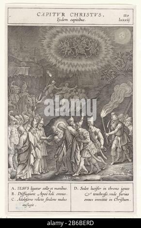 Arrestation de Christ Capitvr Christvs (titre objet) les soldats entourent et arrêtent Christ. Ses mains sont attachées derrière leur dos. À divers éléments du spectacle sont des lettres qui correspondent à la légende dans la marge. Fabricant : printmaker: Jerome Who: Rix (propriété cotée) conçu par: Bernardino PasseriPlaats fabrication: Antwerp Date: 1593 Caractéristiques physiques: Matériel automobile: Technique papier: Engrala ( impression) mesures: Bord de la plaque: H 231 mm × W 144 mToelichtPrent utilisé dans: Nadal, Jeronimo. Evangelicae Historiae Imagine. Anvers: Martinus Nutius, 1593. Objet: Le jugement de Banque D'Images