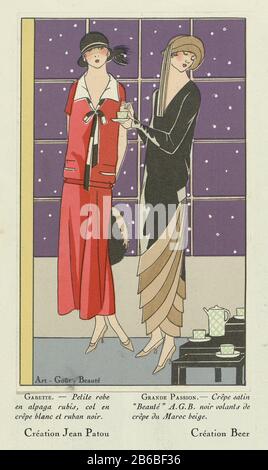 Deux femmes dans les créations de Jean Patou (Gabette) et de bière (Grande Passion) dans un intérieur avec table basse. Neige à l'extérieur. Partie d'une page du magazine de mode Art-Gout-Beauté (1920-1933) . Fabricant : printmaker: Couturier anonyme Jean Patou (bâtiment classé) couturier Gustav Beer (bâtiment classé) Éditeur: Charles Goy Dating: 1924 Caractéristiques physiques: Lithographie, de modèles, et le matériel de couleur manuelle: Technique du papier: Lithographie (technique) / pochœur / mesures de couleur de la main: Feuille: H 315 mm × W 240 mm Objet: vêtements de mode habillés, robes (+ vêtements pour femmes) Banque D'Images