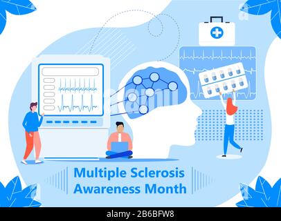 Événement du mois de sensibilisation à la sclérose en plaques en mars. La science anatomique du cerveau et des maladies de sens pour le site Web. De minuscules médecins traitent le sclérotique. Illustration de Vecteur