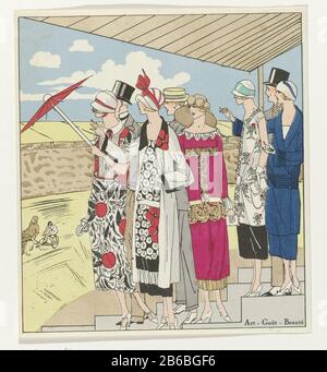 Public à la mode aux Jeux olympiques de Paris en 1924. Les dames portent des robes à motifs orientaux. Les deux plus importants de gauche à droite: Eve: Crêpe de chine imprimée en rouge et en noir (créée par Philippe et Gaston); Jongleuse: Robe de crêpe d'imprimer la chine avec un motif de grandes coquelicots rouges (création de Martial et Armand) . Fabricant : Print Maker: Anonyme date: 1924 Caractéristiques physiques: Engraa, matériau de couleur manuelle: Papier technique: Engraa (procédé d'impression) / couleur de la main dimensions: Feuille: H 139 mm × W 125 mm Sujet: Mode plaques robe, robe (+ vêtements pour femmes) équipement de tête: Banque D'Images