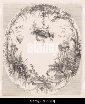 Attributs des pêcheurs et des chasseurs d'oiseaux Dans un cadre ovale attributs des pêcheurs et des chasseurs d'oiseaux. Bouées de gauche, filets de pêche, pièges à poissons et tonnes de poissons. Arbre droit, oiseaux, et une cage de filet. Le centre supérieur est suspendu un panier de fleurs, le centre inférieur portant des perles de semences ornent l'attributen. Fabricant : printmaker Richard de Saint-non (propriété listée) au dessin: Jean Baptiste Leprince (propriété listée) Lieu de fabrication: France Date: 1744 - 1791 Caractéristiques physiques: Matière de gravure: Technique du papier: Dimensions de gravure: Bord de la plaque: H 271 mm × W 236 mm Objet: Pêche (sport) chasse aux oiseaux an Banque D'Images