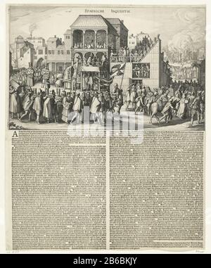 Auto-da-fe à Valladolid, 1558 Spaensche Inquisition (objet titre) Auto-da-fe (autodafe) à Valladolid, 21 mai 1558. Procession d'une trentaine par l'Inquisition espagnole condamnée à mort protestants à un endroit à l'extérieur de la ville où ils sont brûlés sur le pieu. Au milieu d'un bâtiment avec des dignitaires, à côté d'un stand en bois sur lequel les hérétiques sont condamnés. Les condamnés portent des articles de chapellerie spéciaux (capirote) et une gaine avec une représentation de la bouche de l'enfer. Sous la plaque un long texte de deux colonnes en néerlandais. Copie réduite à la performance contemporaine originale sur quatre bl Banque D'Images