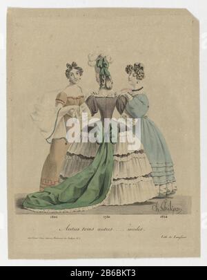 Autre temps 1800-1780-1824 autres modes, vers 1829-1830 Trois femmes (de gauche à droite) vêtues des modes 1800, 1780 et 1824. Fabricant : printmaker Charles Philicon (bâtiment classé) imprimante: Pierre Langlumé (bâtiment classé) éditeur: Gihaut frères (préciser l'objet) Lieu de fabrication: Paris Date: CA. 1829 - ca. 1830 Caractéristiques physiques: Lithographie, matériau de couleur manuelle: Technique du papier: Lithographie (technique) / Dimensions de couleur de la main: Feuille: H 273 mm × W 210 mm Objet: Robe de mode, robe (+ vêtements pour femmes) costume historique (+ vêtements pour femmes) Quand: 1780-17801824 - 180018 Banque D'Images