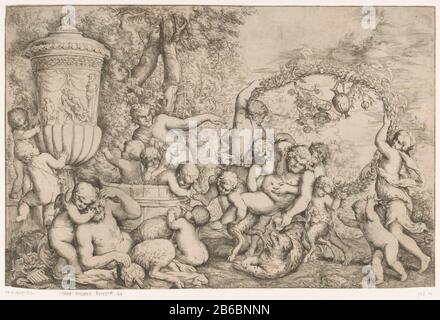 Bacchanaal met Silenus gauche un vase ornemental et une tonne contenant des putti de bain. Silenus ivres est soutenu par satyres. Derrière elle se tient une guirlande circulaire. Avant-plan gauche une flûte et un cratère ivre. Fabricant : printmaker Giovanni Andrea Podestànaar propre conception: Giovanni Andrea Podesta (propriété cotée) Lieu de fabrication: Italie Date: 1640 Caractéristiques physiques: Matière de gravure: Technique du papier: Gravure Dimensions: Feuille: H 261 mm (bord de la plaque intérieure découpée) × W 398 mm (bord de la plaque intérieure découpée) Objet: (Histoire de) bachanalsatyr (s) de Silenuschildren (en général) ivre(s), femme Banque D'Images