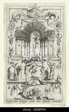 Bacchus sous une pergola dieux et déesses (titre de la série) le fond est un texte latin. De la série de 16 feuilles partiellement numérotées avec des décorations de surface de dieux dans un cadre grotesque avec de grands êtres, des animaux, des festons et des mascarons. Fabricant : print maker: René BOYVIN (studio) à dessin de: Leonard Thiry Lieu fabrication: France Date: 1551 - 1580 Caractéristiques physiques: Matière de prise: Technique du papier: Engraa (procédé d'impression) mesures: Feuille: H 173 mm × W 107 mmTohtelicingOorspronkelijk la série se compose de vingt tirages. Tôt sur quatre plaques et a perdu la série renumbere Banque D'Images