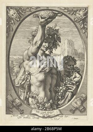 Bacchus avec un bol à boire Bacchus Bacchus, Vénus et Cérès (titre de la série) Le jeune dieu Bacchus de moitié, dans un ovale, des petits pains de raisins dans la main gauche, un bol s'arrêtant dans la main droite, vignes autour de la tête. En plus de lui un petit évaluateur. En arrière-plan une montagne. Parmi les deux lignes de spectacle du latin. Ce tirage fait partie d'une série de trois tirages de goden classique. Fabricant : printmaker: Hendrick Goltzius (bâtiment classé) dans sa conception: Hendrick Goltzius Writer Cornelius Schoneusuusuitgever: Hendrick Goltzius Dédié à: Cornelis Cornelisz. Van Haarlem (indiqué sur l'objet) P Banque D'Images