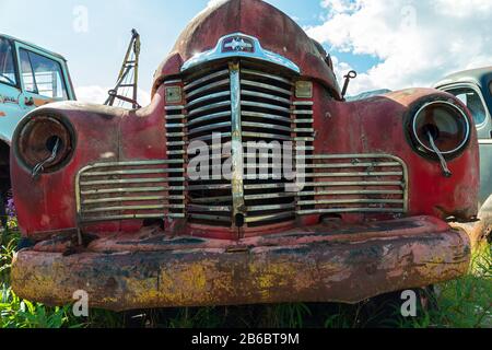 Cassiar, Colombie-Britannique, Canada - 24 juillet 2017 : un camion international rouillé dans un jardin en junkyard Banque D'Images