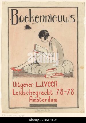 Pneus Design for Book News Publisher LJ Veen, c 1930 Design une liste de fond d'Uitgeversmaatschappij LJ Veen Amsterdam. Une femme avec des cheveux courts assis sur un coussin sur le sol pour lire. À côté d'elle est un tas boeken. Fabricant : artiste: Inconnu (personnellement signé) Date: Vers 1930 Caractéristiques physiques: Stylo et pinceau à l'encre indienne avec pinceau en rouge et gris au crayon; corrections blanc dékverf matériau: Papier encre indienne aquarelle crayon couverture technologie: Stylo / pinceau dimensions: H 213 mm × W 157 mm Objet: Lecture de la figure assise - AA - figurine humaine féminine Banque D'Images