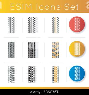 Jeu d'icônes de motifs de pneus. Marques détaillées de pneus pour automobiles, motocyclettes et bicyclettes. Trace de roue d'été et d'hiver. Piste des pneus du véhicule. Linéaire, noir et Illustration de Vecteur