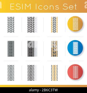 Jeu d'icônes de motif de tracé. Marques détaillées de pneus pour automobiles, motocyclettes et bicyclettes. Trace de roue d'été et d'hiver. Piste des pneus du véhicule. Linéaire, noir et Illustration de Vecteur