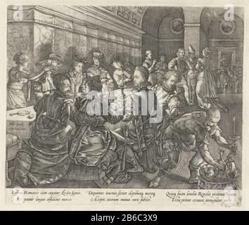 Banquet à la maison de Tarquinius Histoire de Lucretia (titre de la série) un groupe d'hommes et de femmes vêtus de façon festive utilisent le repas dans une salle. En arrière-plan un certain nombre de musiciens. Parmi les six lignes du latin. Ce tirage fait partie d'une série de quatre tirages que l'histoire de Lucretia verbeelden. Fabricant : printmaker: Hendrick Goltzius à propre conception: Hendrick Goltzius Inspirateur: Jan van der Stra bec Créateur: Philip Galle (propriété cotée) Lieu de fabrication: Printmaker: Haarlem Éditeur: Anvers Dating : 1578 - 1580 Caractéristiques physiques: Engraa materiel: Paper technique: A engrapr (engraissement Banque D'Images