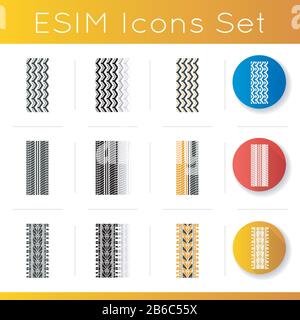 Jeu d'icônes d'impression de piste. Marques détaillées de pneus pour automobiles, motocyclettes et bicyclettes. Trace de roue d'été et d'hiver. Piste des pneus du véhicule. Linéaire, noir et RVB Illustration de Vecteur