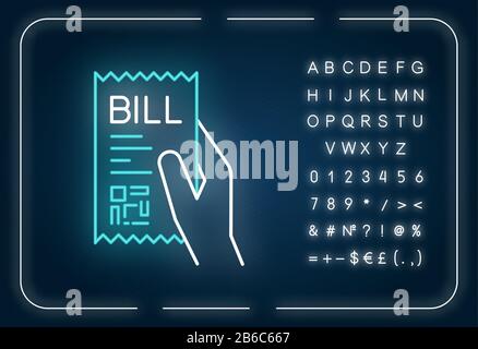 Icône de la lampe au néon de la nomenclature d'échange. Vérification imprimée. Avis de paiement. Confirmation d'achat. Effet brillant extérieur. Signe avec alphabet, chiffres et symboles Illustration de Vecteur