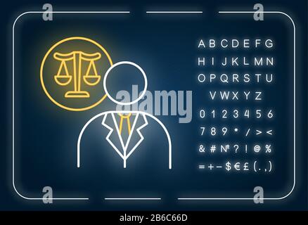 Icône de néon avocat. Procureur. Avocat. Représentant juridique. Législatif, application de la loi. Effet brillant extérieur. Signe avec l'alphabet, les chiffres et Illustration de Vecteur