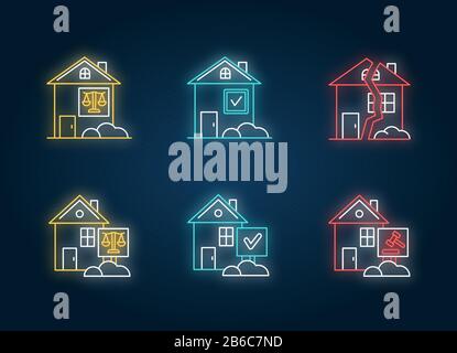 L'immobilier compte des icônes de néon. Litige juridique de location. Litiges immobiliers. Procès Realty. Contrat de location. Signes avec effet brillant extérieur Illustration de Vecteur