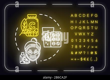 Vitamine C, skincare et néon santé icône concept. Extrait d'agrumes, idée d'acide ascorbique. Signe lumineux extérieur avec alphabet, chiffres et symboles Illustration de Vecteur
