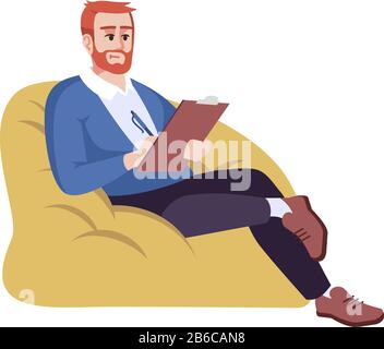 Homme en sac fauteuil semi-plat RVB illustration vectorielle de couleur. Guy prenant des notes. Homme d'affaires avec presse-papiers. Psychologue. Consultation en psychologie Illustration de Vecteur