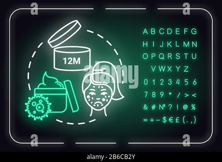 Évitez les produits périmés icône de concept de néon. Utilisation cosmétique de qualité, idée de vérification de la date d'expiration de la crème. Signe lumineux extérieur avec alphabet, chiffres et Illustration de Vecteur