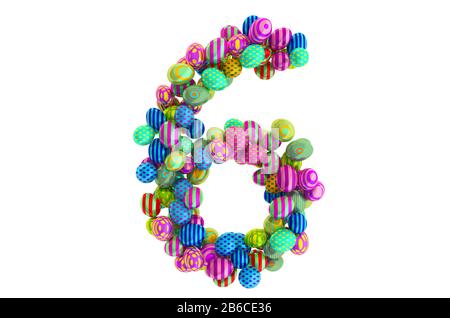 Numéro 6 des œufs de Pâques colorés, rendu tridimensionnel isolé sur fond blanc Banque D'Images