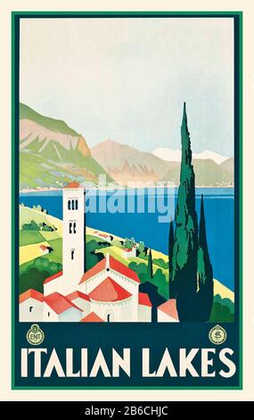 Vintage Travel Poster 1900's Italie LITHOGRAPHIE DES LACS ITALIENS en couleurs, vers 1928, imprimé par Modiano-Triest, Banque D'Images