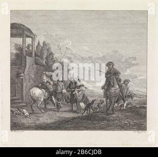 Chasse précoce Lorsqu'un champignon est un cavalier avec un pied dans l'étrier. À côté de lui sont un homme et une femme. À droite, un homme à cheval et un fauconer. Entre les chiffres différents chiens de chasse, à droite un mur, un toit et un piège. Fabricant : machine à imprimer: Robbert Muys (indiqué sur l'objet) à peindre par: Philips Wouwerman (indiqué sur l'objet) Lieu de fabrication: Rotterdam Date: 1761 Caractéristiques physiques: Matière de gravure: Technologie du papier : dimensions de gravure: Bord de la plaque: H 246 mm × W 265 mm Objet: Assemblage, 'pièce pour la chasse dogsfowling, fowler Banque D'Images