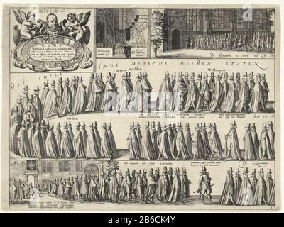 Funérailles de William Louis, 1620 (page 1) Burial de William Louis, comte de Nassau, dans la Grote Kerk à Leeuwarden, 1620 (titre de la série) funéraire de William Louis, comte de Nassau, dans la Grote Kerk à Leeuwarden le 13 juillet 1620, Page 1. Feuille avec un portrait de William Louis armes et deux anges soufflant de bulles, la tombe dans l'église, le départ de la procession funéraire de la Chancellerie, et l'arrivée au Grand Kerk. Fabricant : printmaker Pieter Feddes Harlingen (bâtiment classé) dans son dessin: Pieter Feddes Harlingen (objet coté) éditeur Claes Jansz. Visscher (II) (liste Banque D'Images