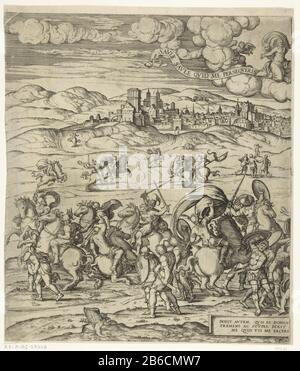 Conversion De La Plaque Gauche Paul. Les soldats romains se combattent en dehors de la ville de Damas. Les chevaux paniquent. Paul se tient au milieu de la photo et est accompagné de ses compagnons à la ville (actes 9: 8). Le Christ supérieur central apparaît dans les nuages par deux anges. Deux bandéroles avec Christ citant des actes 9: 4-5. Un bandérole bas centre cite d'autres actes 9. Fabricant : printmaker Pieter van der Borcht (I) conçu par: Anonyme (attribué à) Lieu de fabrication: Printmaker: Anvers (possible) à concevoir: Italie Date: 1545 - 1608 Caractéristiques physiques: Gravure et engrava matériel: Technique du papier Banque D'Images