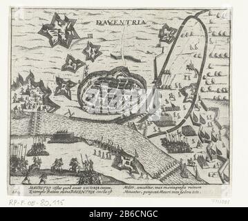 Siège et capture du Deventer, 1591 Siège et capture du Deventer par l'armée américaine sous Maurice 10 juin 1591. Plan du Deventer et de la terre environnante avec forts et remparts. Deux ponts de navires au-dessus de la rivière IJssel. Avec signature de 4 lignes en latin, Numérotée 204. Imprimé au dos avec du texte à Latijn. Fabricant : printmaker: Fabrication anonyme: Pays du Nord Pays-Bas Date: 1613 - 1615 Caractéristiques physiques: Matériel de gravure: Technique du papier: Gravure Dimensions: Feuille: H 136 mm × W 160 mmToplichtingillustratie dérivé de: W. Baudartius, Polemographia Auraico-Belgica, Michiel Col Banque D'Images